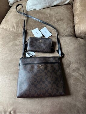 Coach Brown Signature Canvas Zip Wristlet with Gold Trim